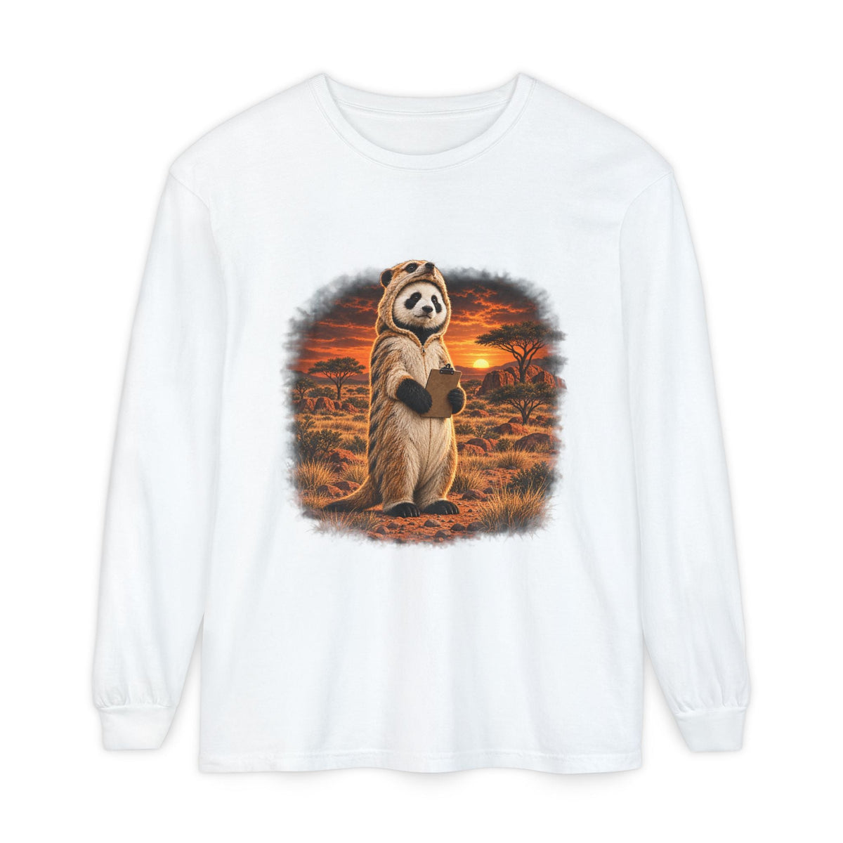 Meerkat, by Appointment long sleeve: a panda in a meerkat costume standing lookout in the desert at sunset