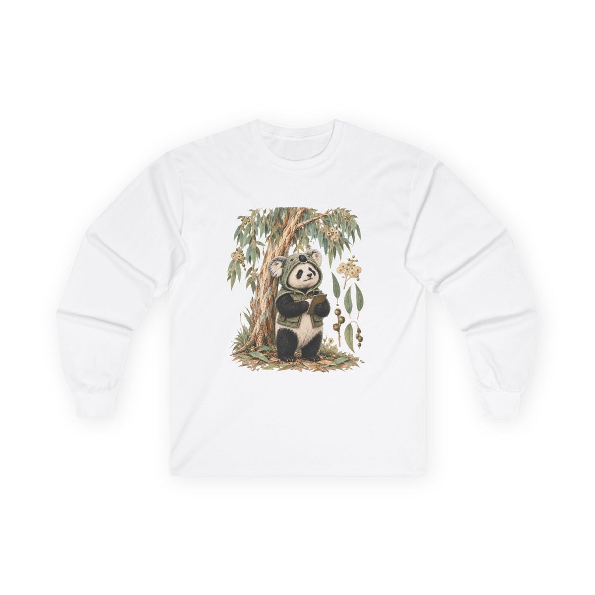 Leaf-by-Leaf Interview long sleeve: a panda in a koala disguise holding onto a eucalyptus tree