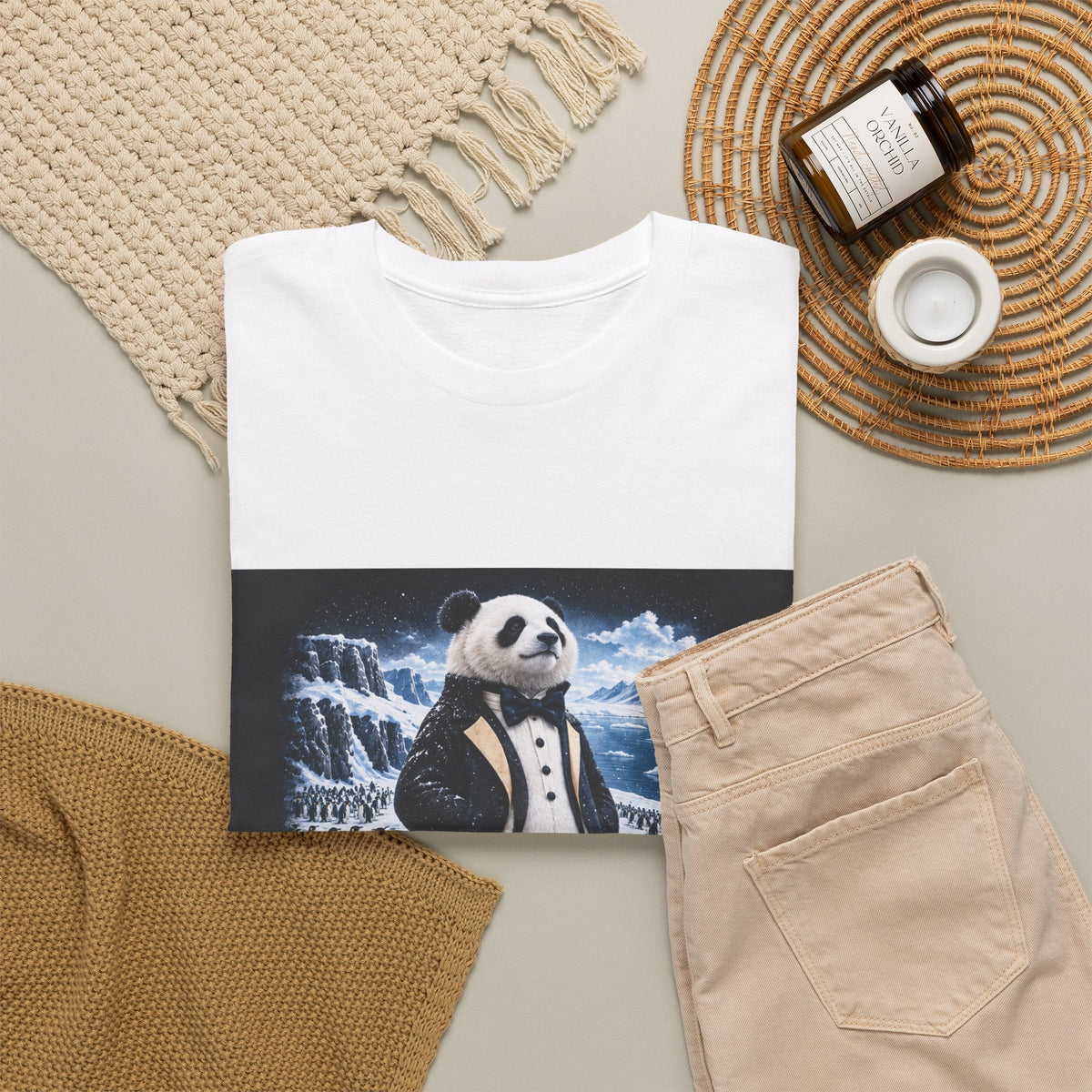 Ice Class: Penguin tee in a flat lay, a panda in a tailcoat among emperor penguins