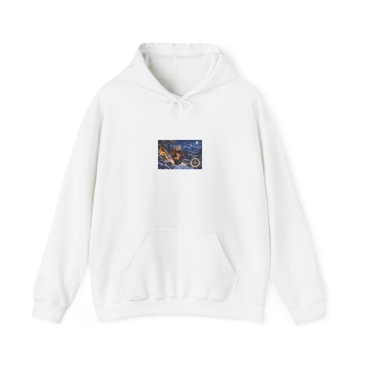 Frostline Red-Panda Scout hoodie: a panda in a red-panda hood on a snowy mountain trail under a full moon