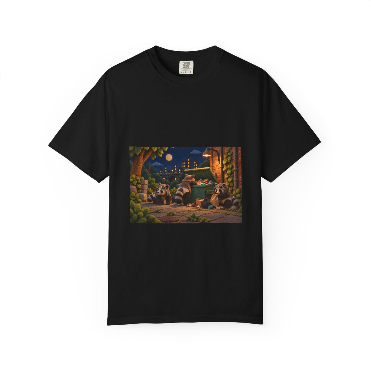 The Night Tourist tee: three pandas in raccoon costumes on a city street at night