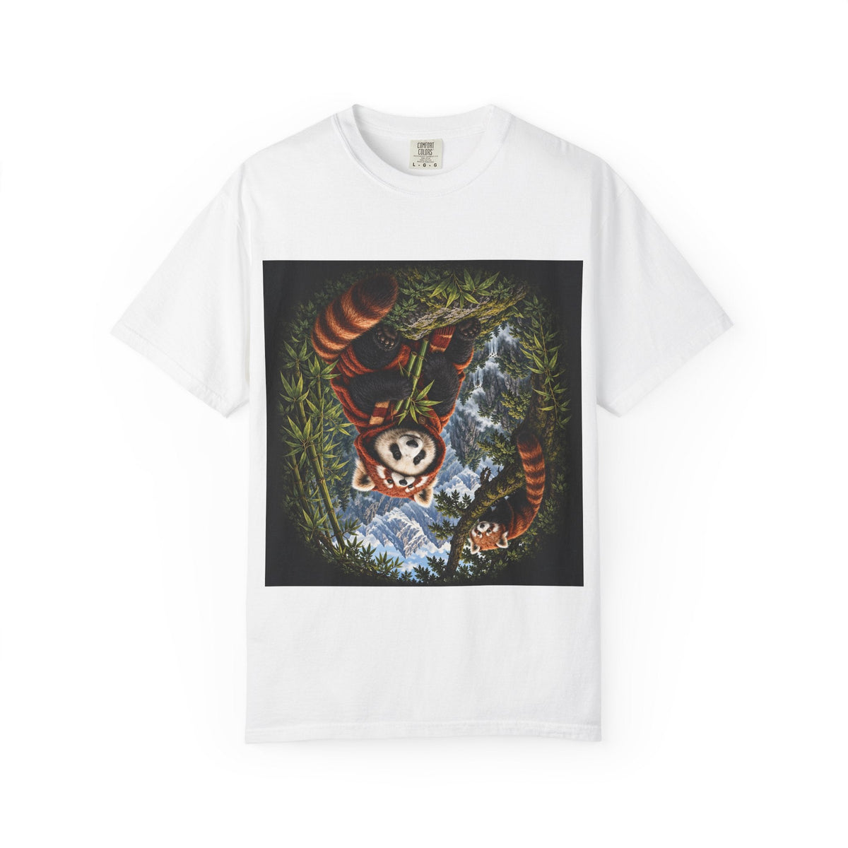 Red Is a Separate File tee: a red panda climbing through wet bamboo beside a misty waterfall