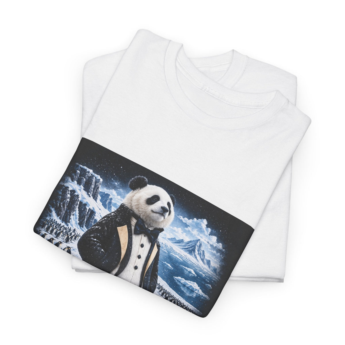 Ice Class: Penguin tee folded, showing a tuxedoed panda among emperor penguins on the ice