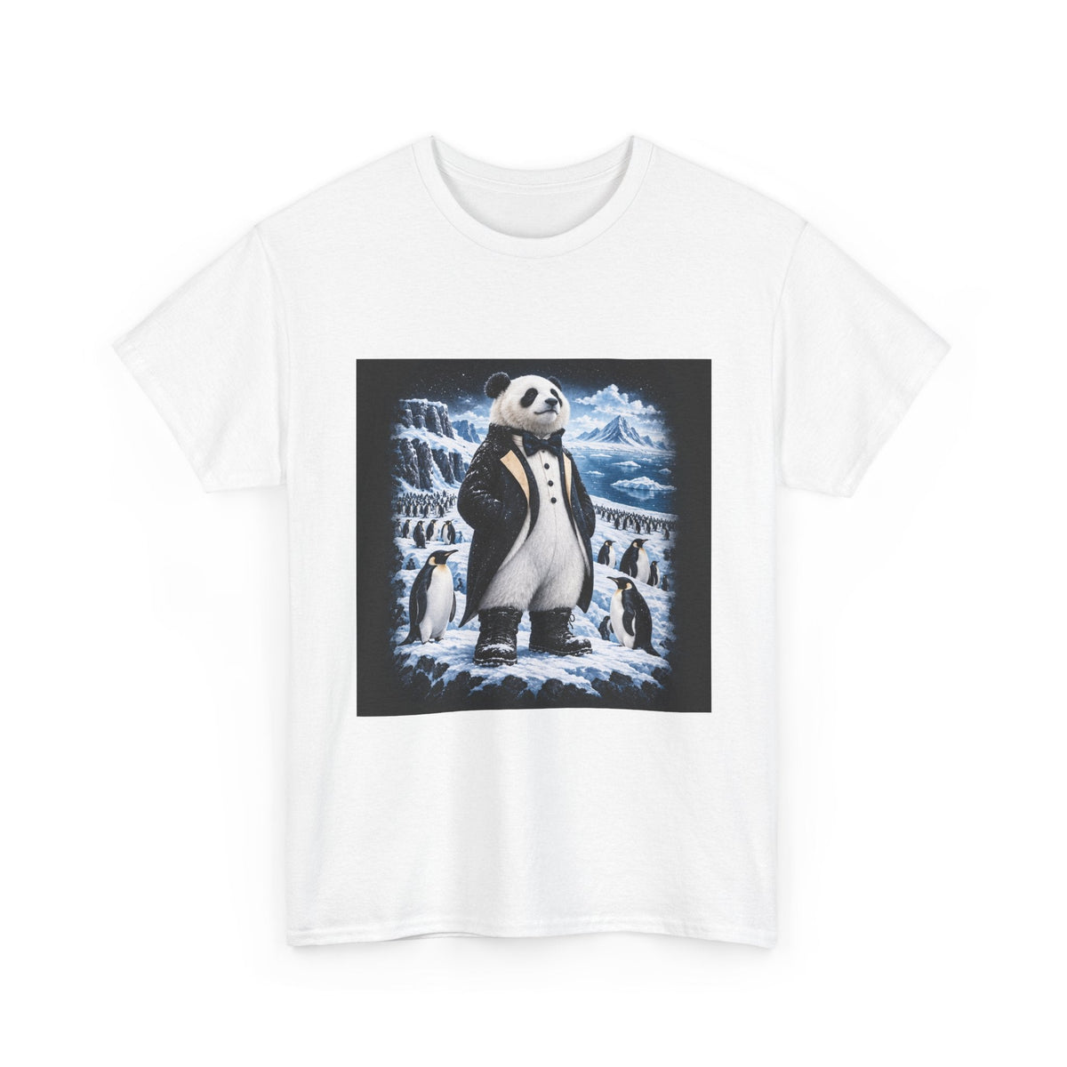 Ice Class: Penguin tee: a panda in a tailcoat, bow tie and snow boots among emperor penguins