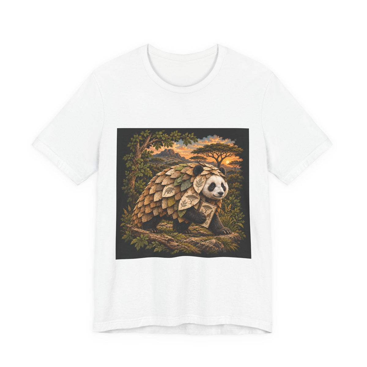 Folded for Field Use tee: a panda in a leaf cloak holding a route map on an acacia ridge at sunset
