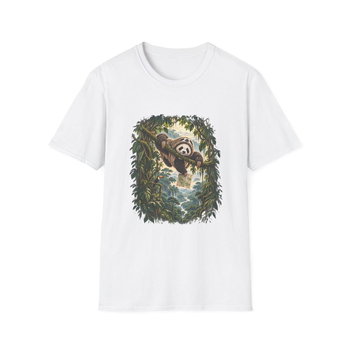 Canopy Clearance tee: a panda in a sloth suit hanging from a branch above a misty rainforest