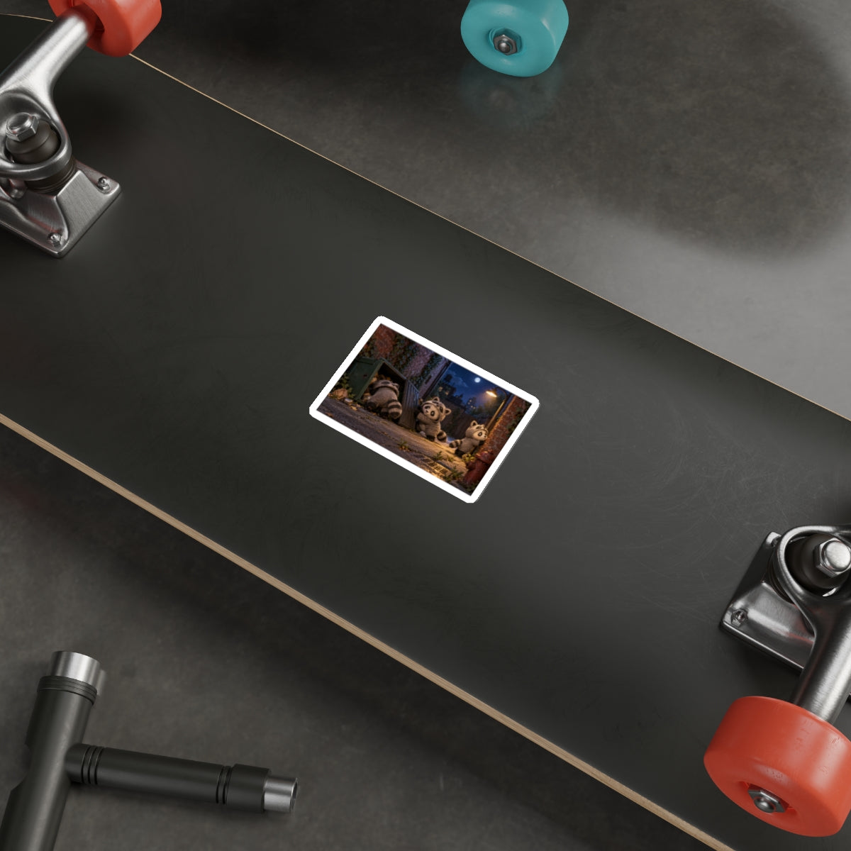 The Night Tourist panda sticker on a skateboard deck