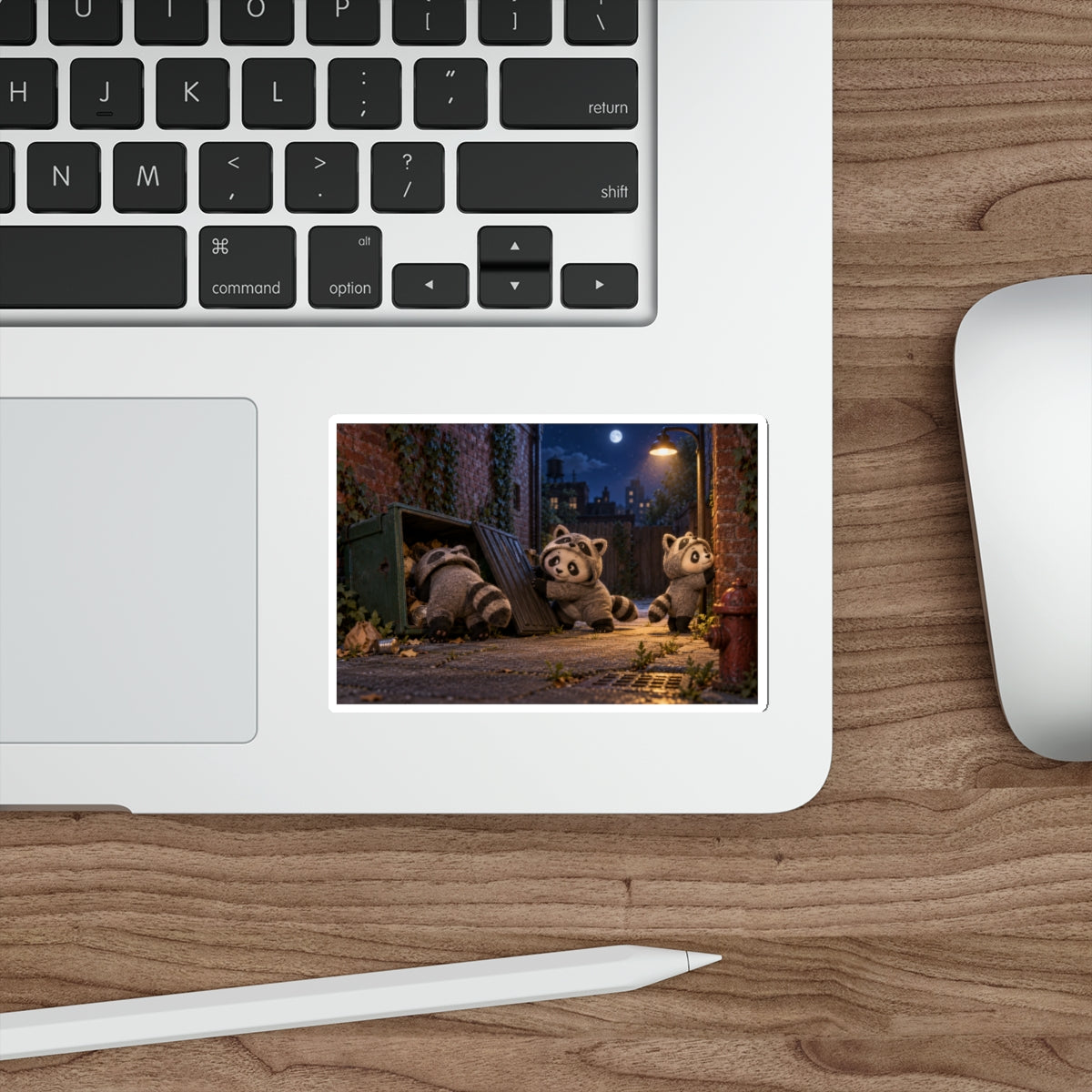 The Night Tourist panda sticker on a laptop on a wooden desk