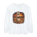 White long sleeve tee printed with a panda in a meerkat costume standing upright in the desert at sunset, Wrong Habitat