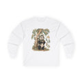 White long sleeve tee printed with a panda in a koala disguise holding onto a eucalyptus tree, Wrong Habitat