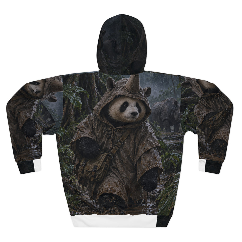 Back view of the Mudline Survey hoodie, with the rainy forest and rhino scene continuing across the panels.