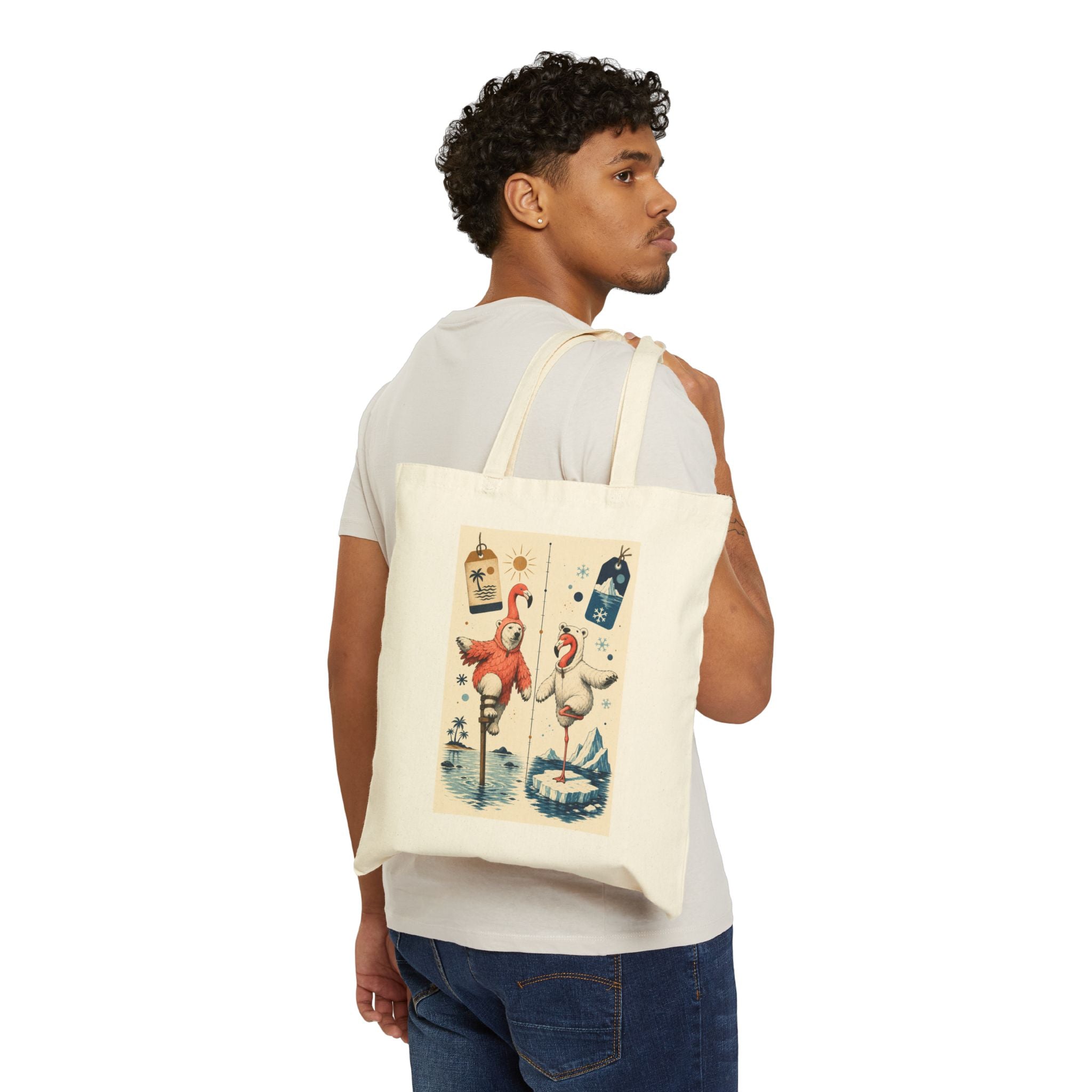 One Leg Over the Line tote design detail: flamingo and polar bear at the climate border