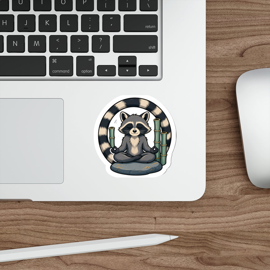 Bamboo raccoon die-cut vinyl sticker size comparison, 3, 4 and 5 inch