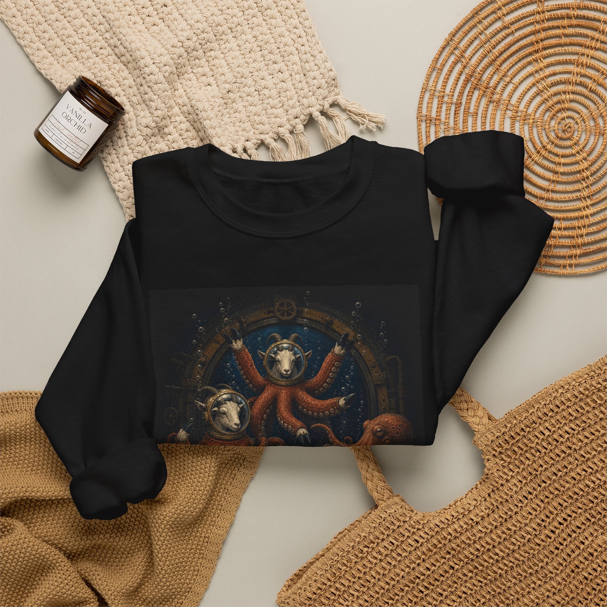 Octopus and mountain goat design on a black crewneck sweatshirt, Wrong Habitat