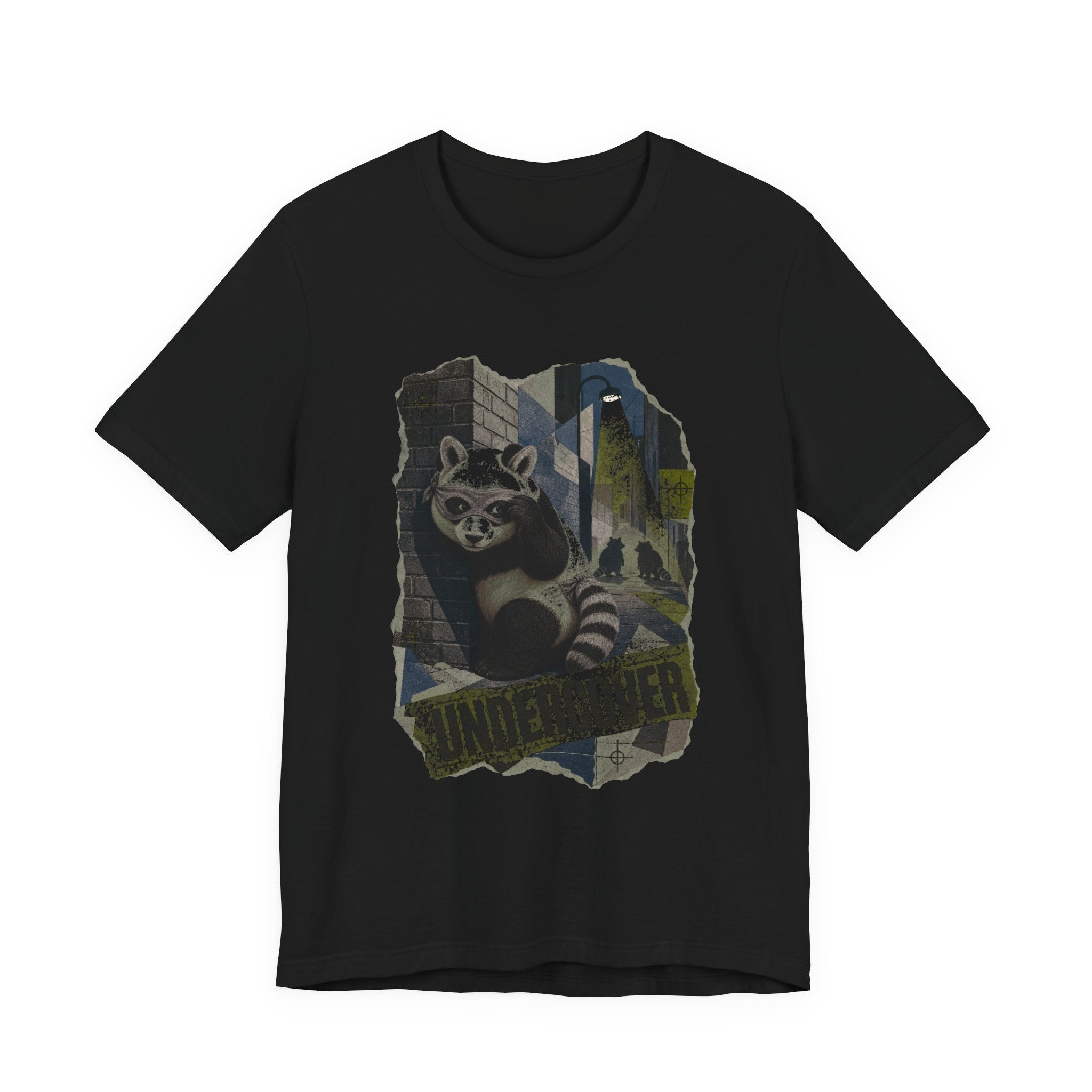 Panda in a raccoon bandit mask t-shirt, black unisex tee
