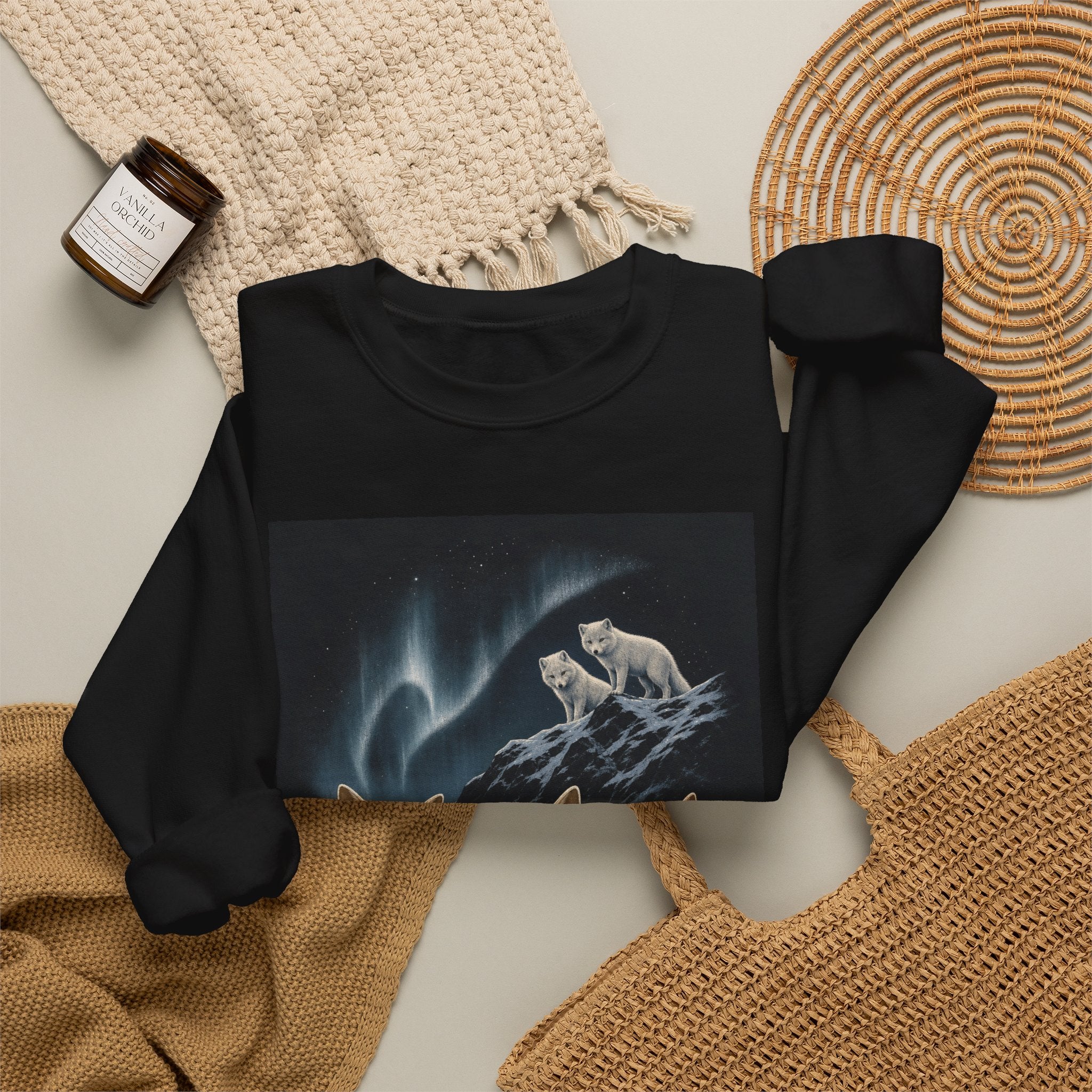 Fennec fox in the snow design on a black crewneck sweatshirt, Wrong Habitat