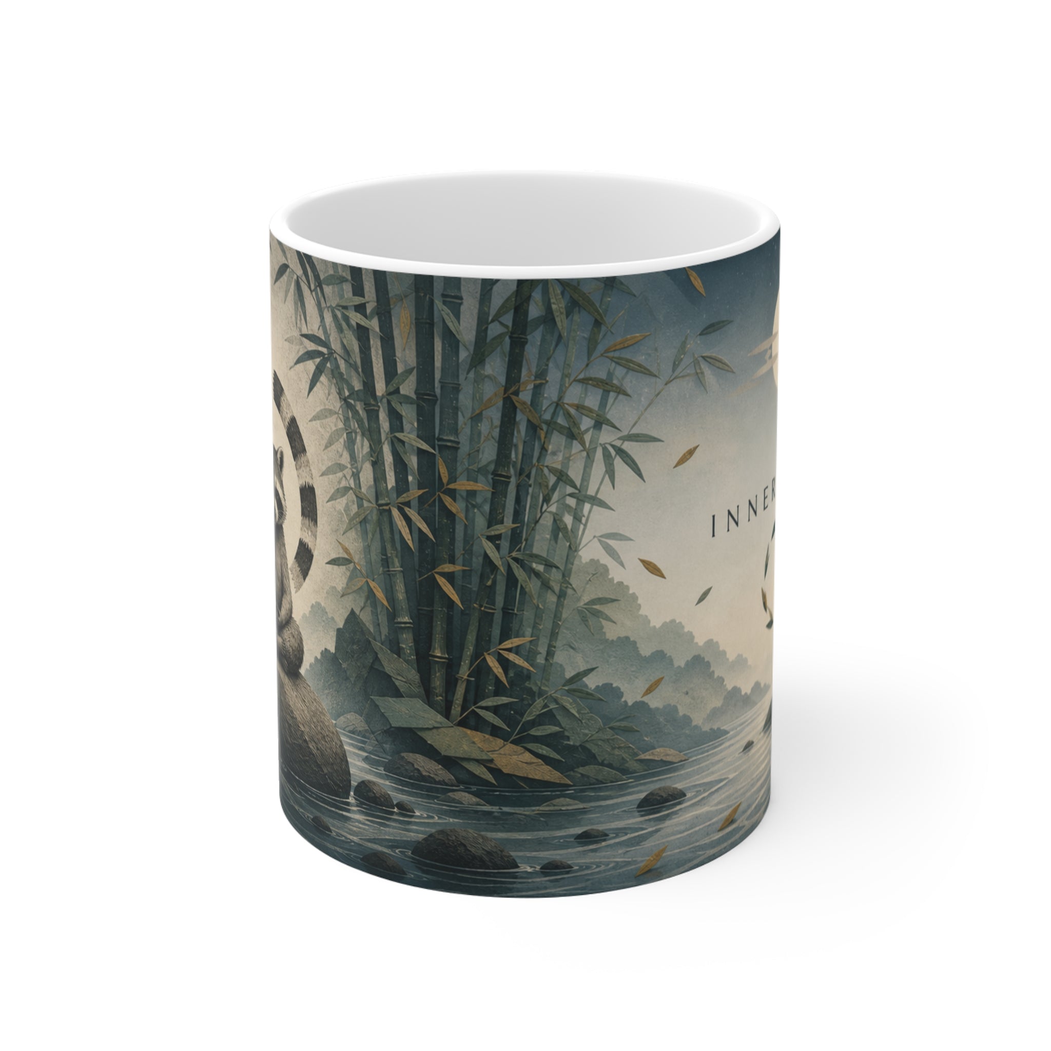 Zen raccoon coffee mug: a meditating raccoon in bamboo on an 11oz black ceramic mug