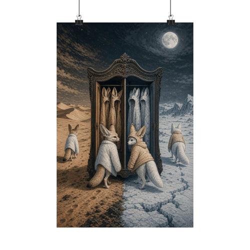 Arctic and fennec fox art print: a framed portrait of two foxes wearing each other's fur
