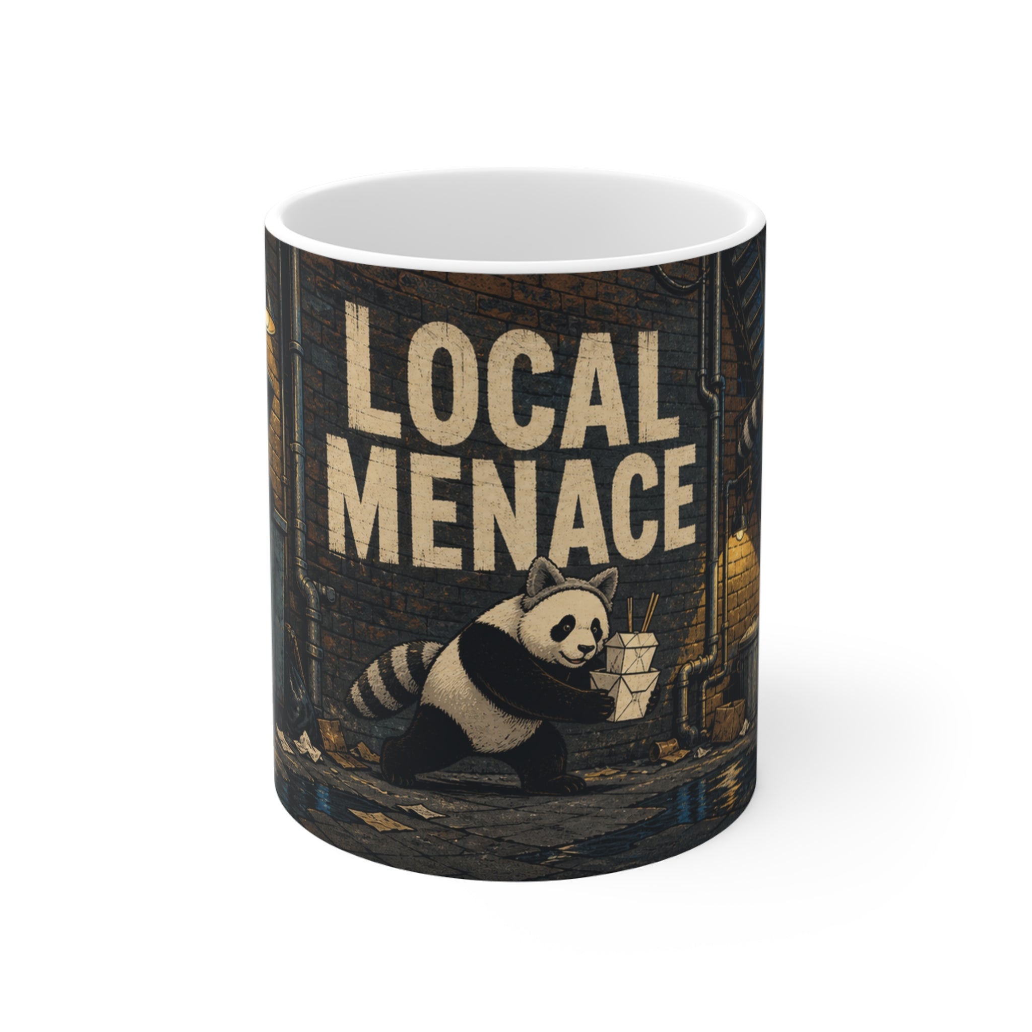 Trash panda coffee mug: a dumpster-diving panda printed on an 11oz black ceramic mug