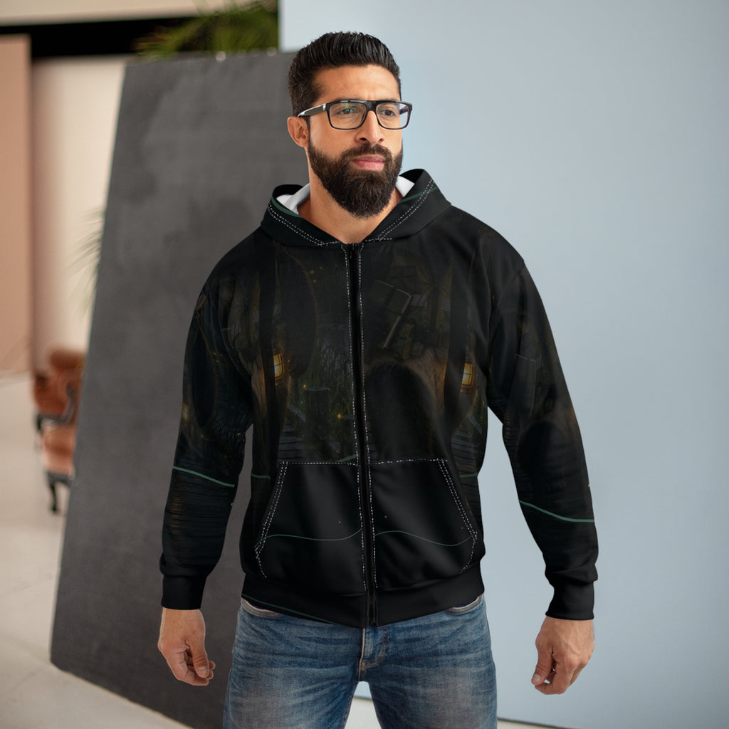 Model wearing the Boardwalk by Lantern zip hoodie with its lantern-lit wetland artwork.