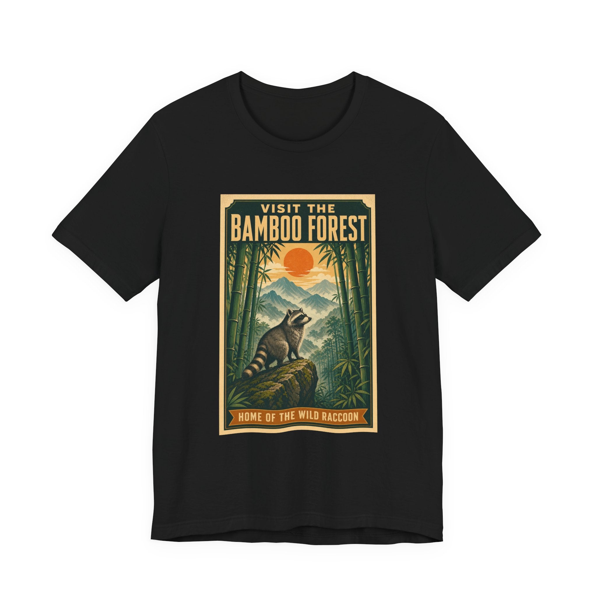 Retro national park poster t-shirt reading Visit the Bamboo Forest, Home of the Wild Raccoon