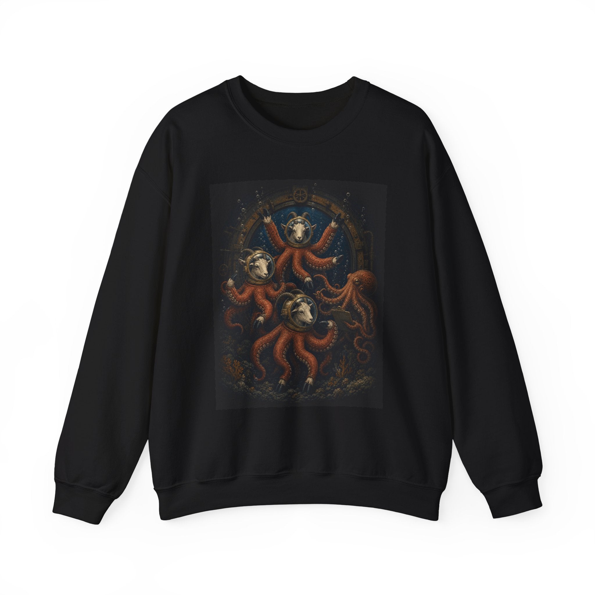 Octopus and mountain goat crewneck: deep-sea pressure meets high-altitude air, black sweatshirt