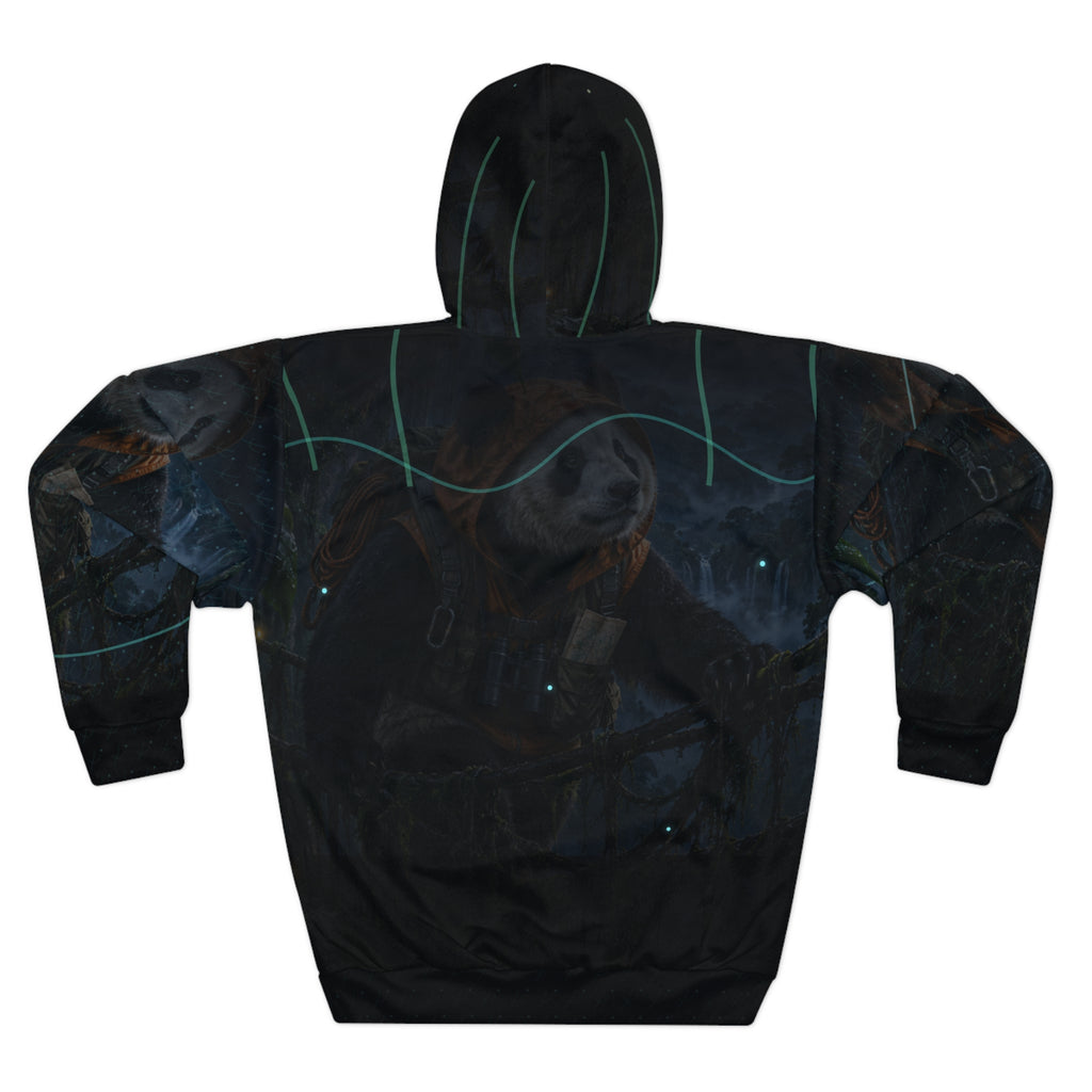 Back view of the Halfway Across hoodie, with the bridge, waterfall, lanterns, and forest scene continuing across the panels.
