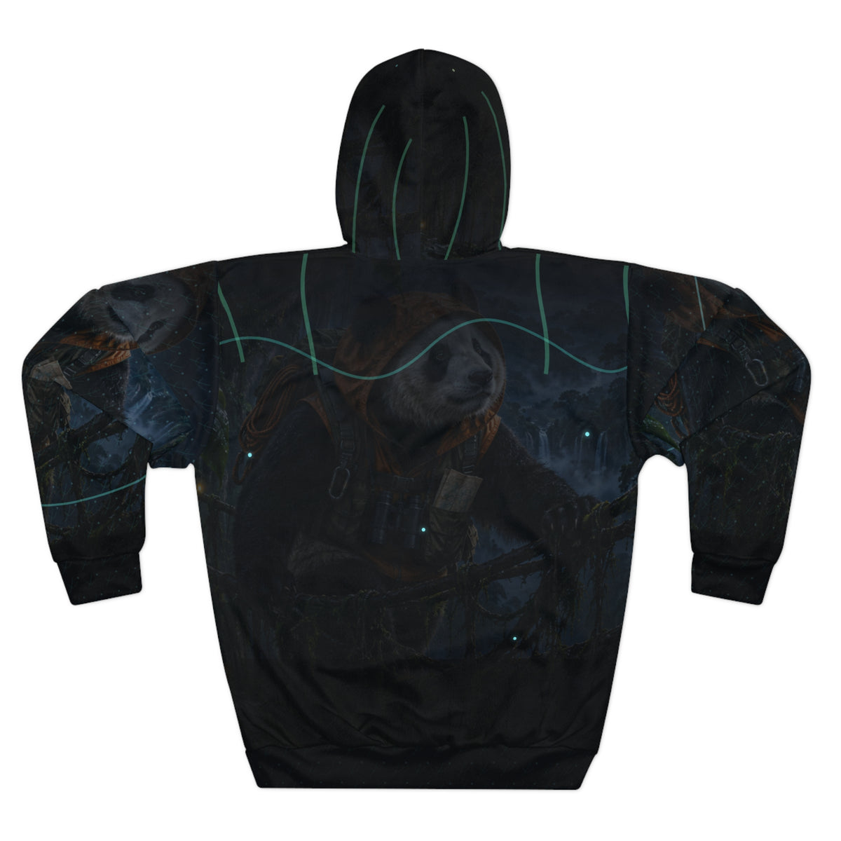 Back view of the Halfway Across hoodie, with the bridge, waterfall, lanterns, and forest scene continuing across the panels.