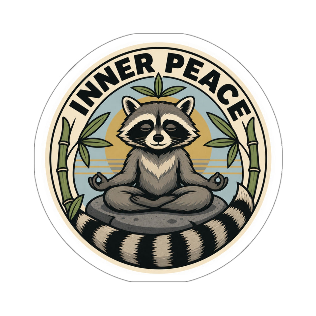 Inner Peace badge sticker: a die-cut weatherproof zen raccoon vinyl decal