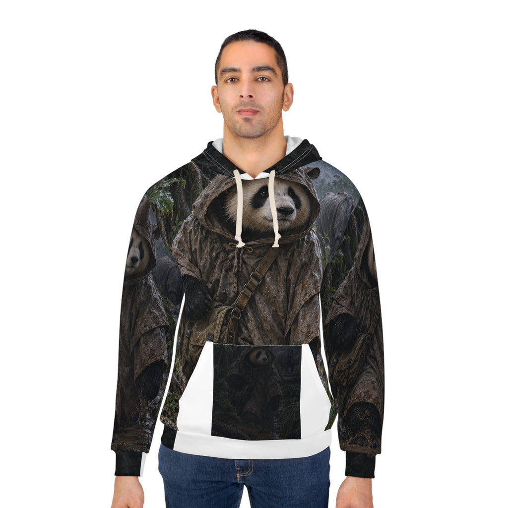 Alternate model view of the Mudline Survey hoodie showing the panda and rhino in the rainy forest.