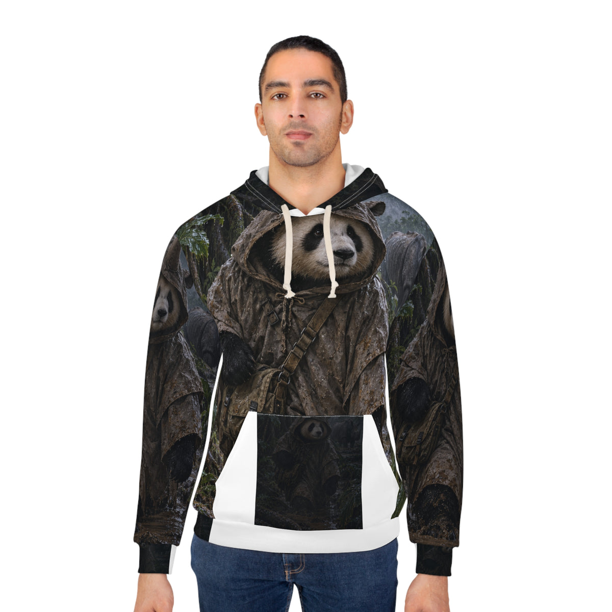 Alternate model view of the Mudline Survey hoodie showing the panda and rhino in the rainy forest.
