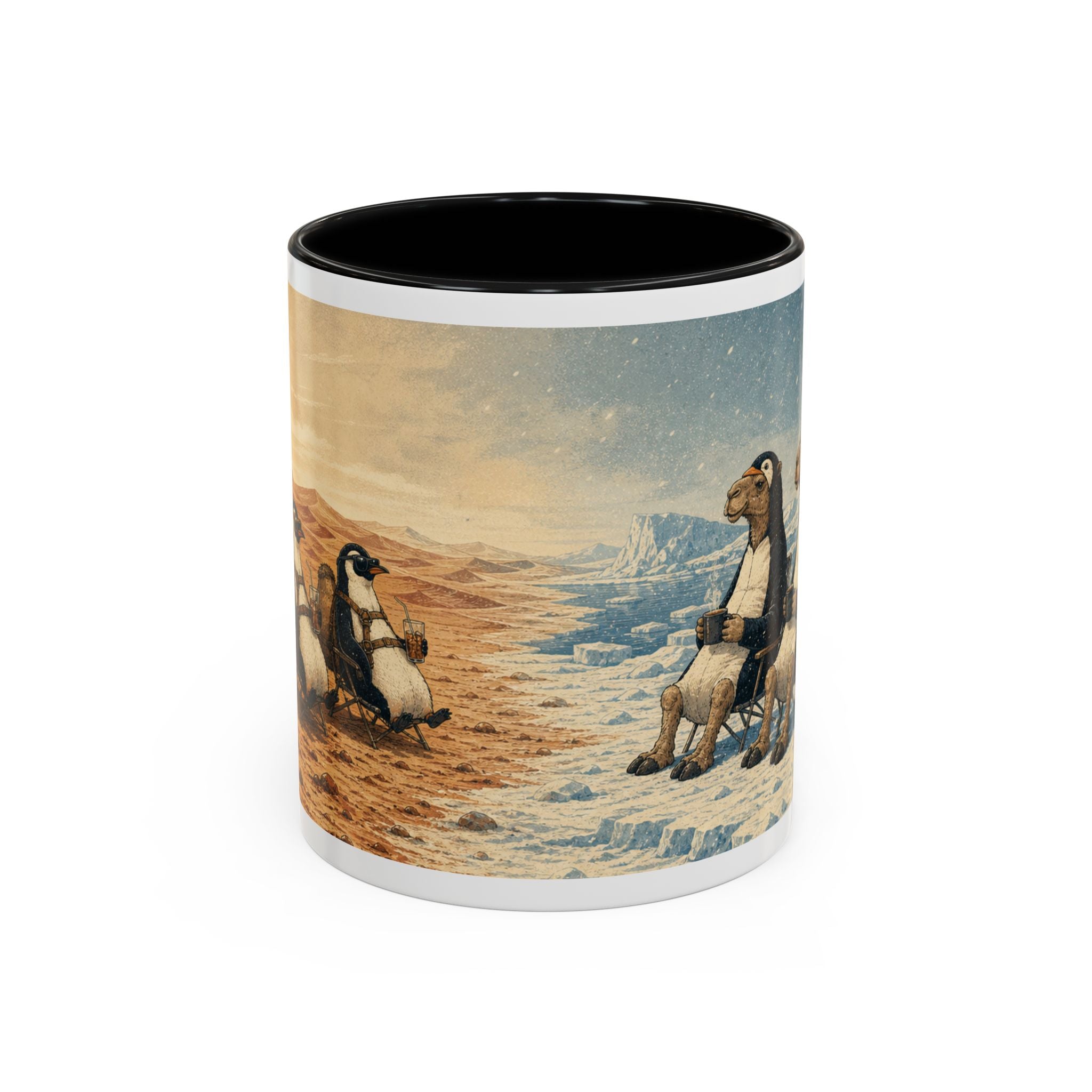 Camel and penguin coffee mug: disguised penguins in the desert and camels on the ice, 11oz ceramic