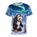 Front view of the Antarctic Field Note AOP tee, with a panda in a penguin costume beside a curious penguin chick.