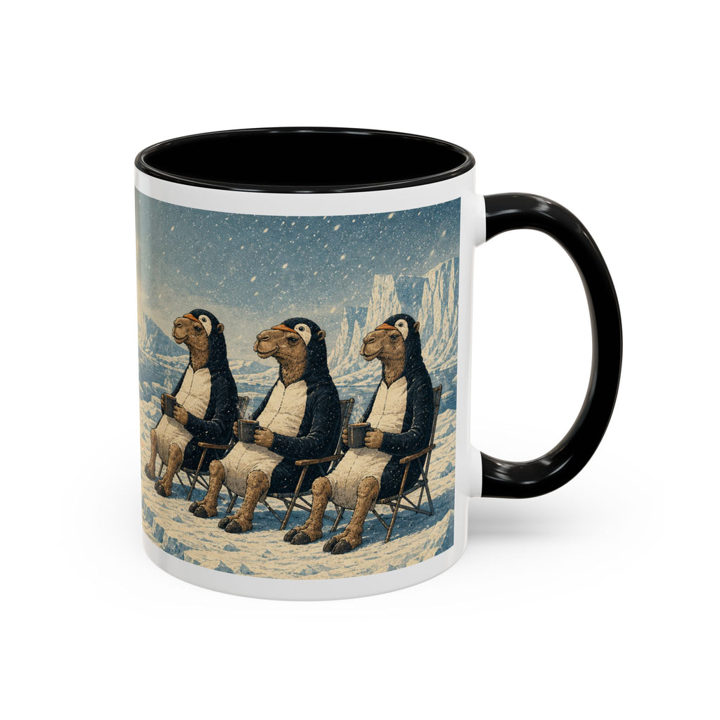 Camel and penguin wraparound coffee mug, 11oz black ceramic