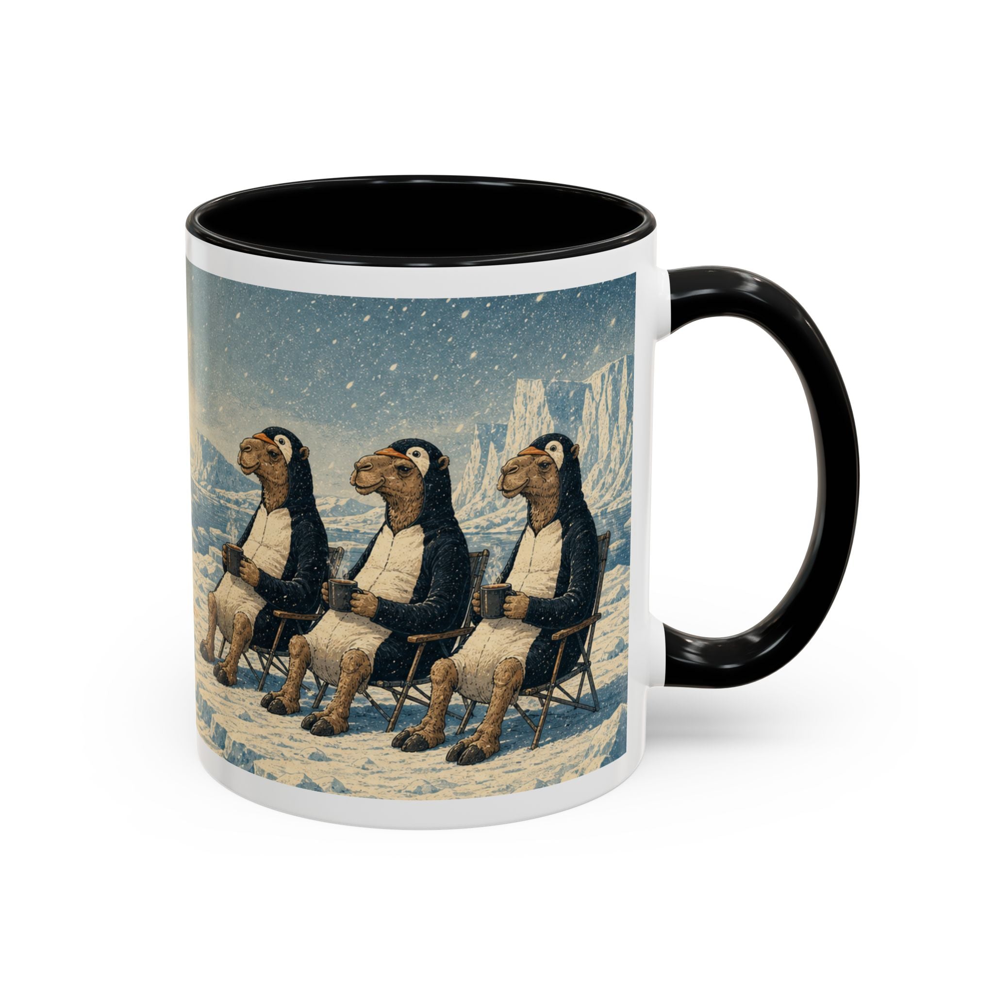 Camel and penguin wraparound coffee mug, 11oz black ceramic
