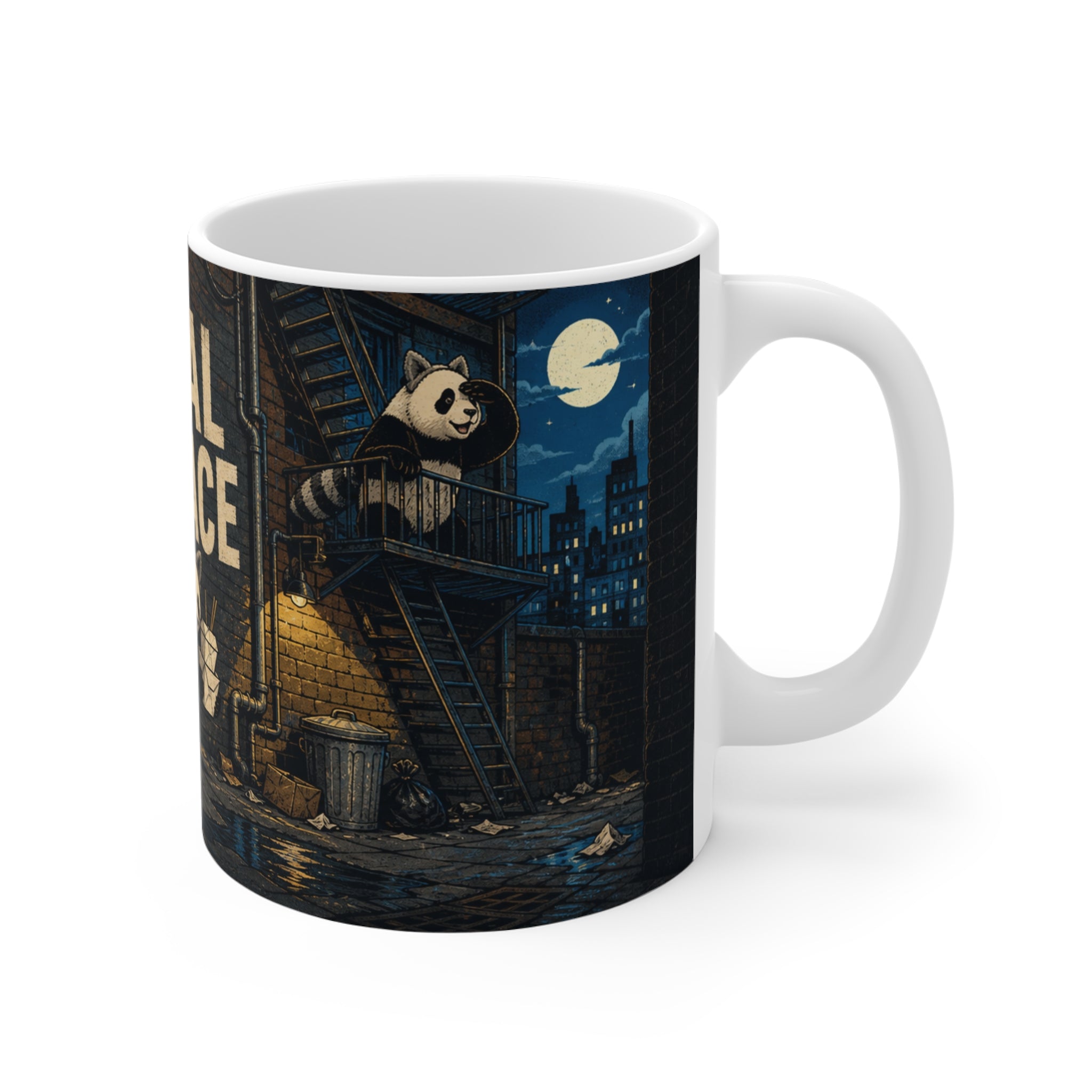 Local Menace mug design detail: a panda in a city trash can