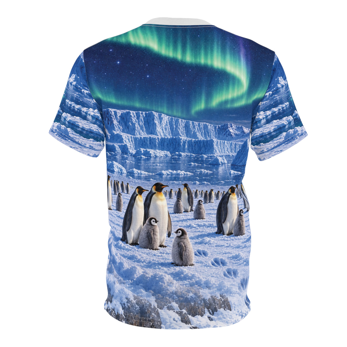Model wearing the Antarctic Field Note tee with its full-coverage panda and penguin artwork.