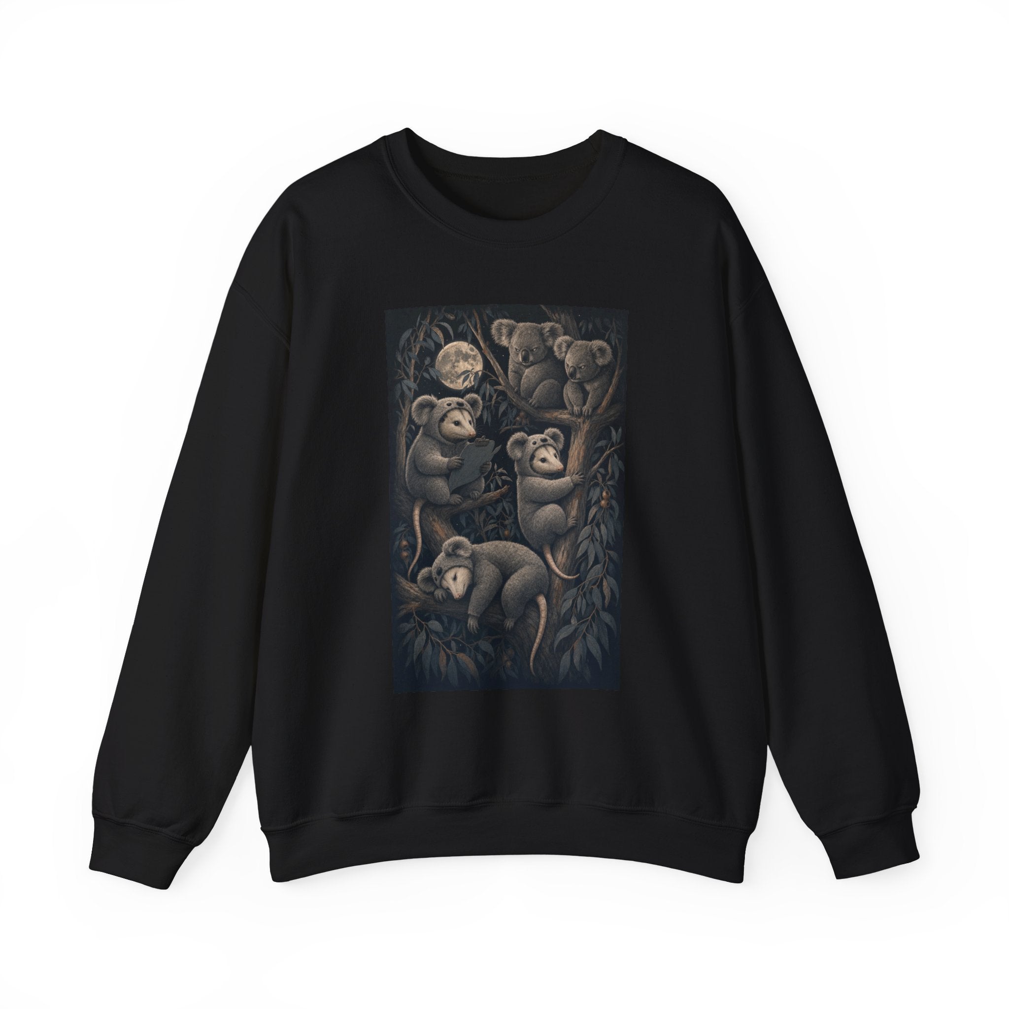 Koala and opossum crewneck: two marsupials clinging to the wrong branch, black sweatshirt