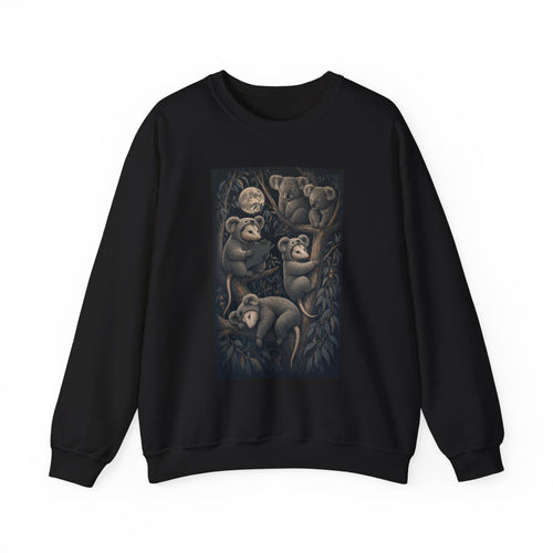 Koala and opossum crewneck: two marsupials clinging to the wrong branch, black sweatshirt
