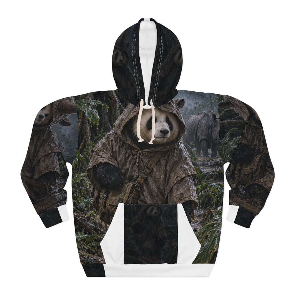 Front view of the Mudline Survey AOP hoodie, with a panda in a mud poncho beside a Javan rhino in the rain.