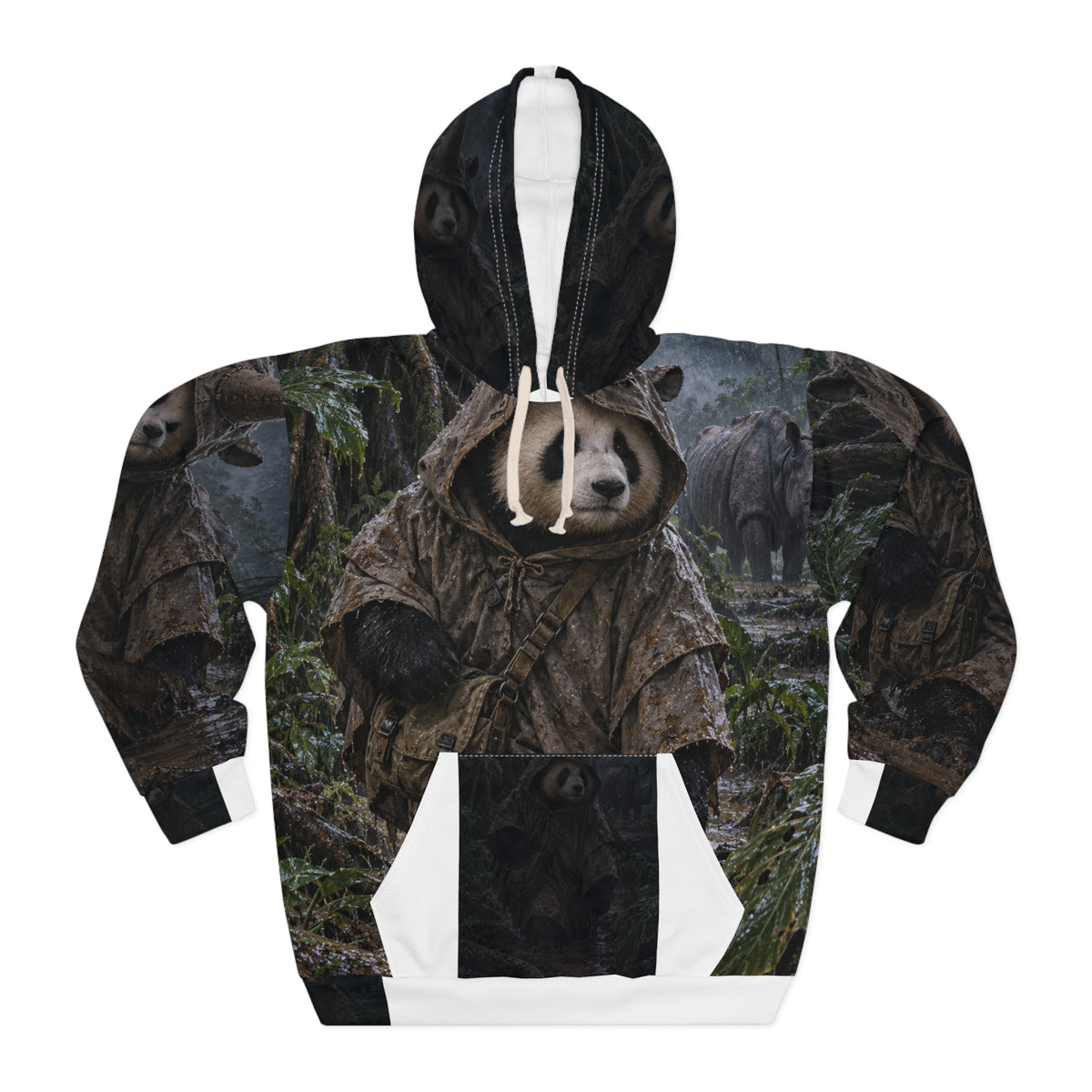 Front view of the Mudline Survey AOP hoodie, with a panda in a mud poncho beside a Javan rhino in the rain.