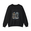 Camel and penguin crewneck: camels in penguin tuxedos at an Antarctic checkpoint, black sweatshirt