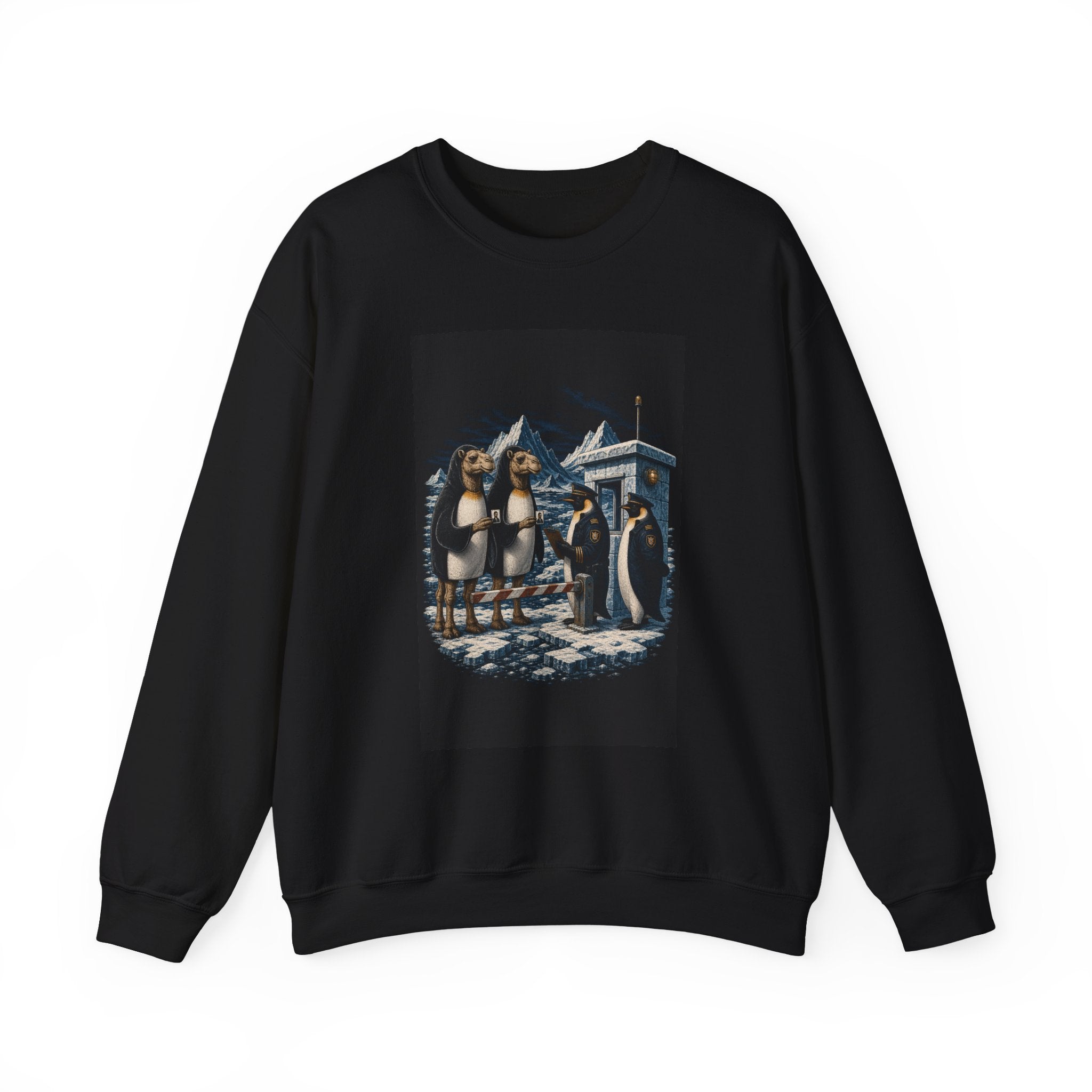 Camel and penguin crewneck: camels in penguin tuxedos at an Antarctic checkpoint, black sweatshirt
