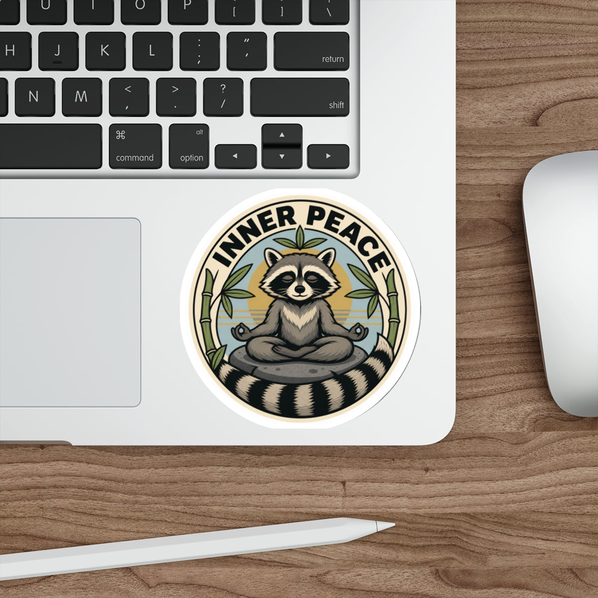 Inner Peace zen raccoon die-cut weatherproof vinyl sticker, Wrong Habitat — additional product view 1