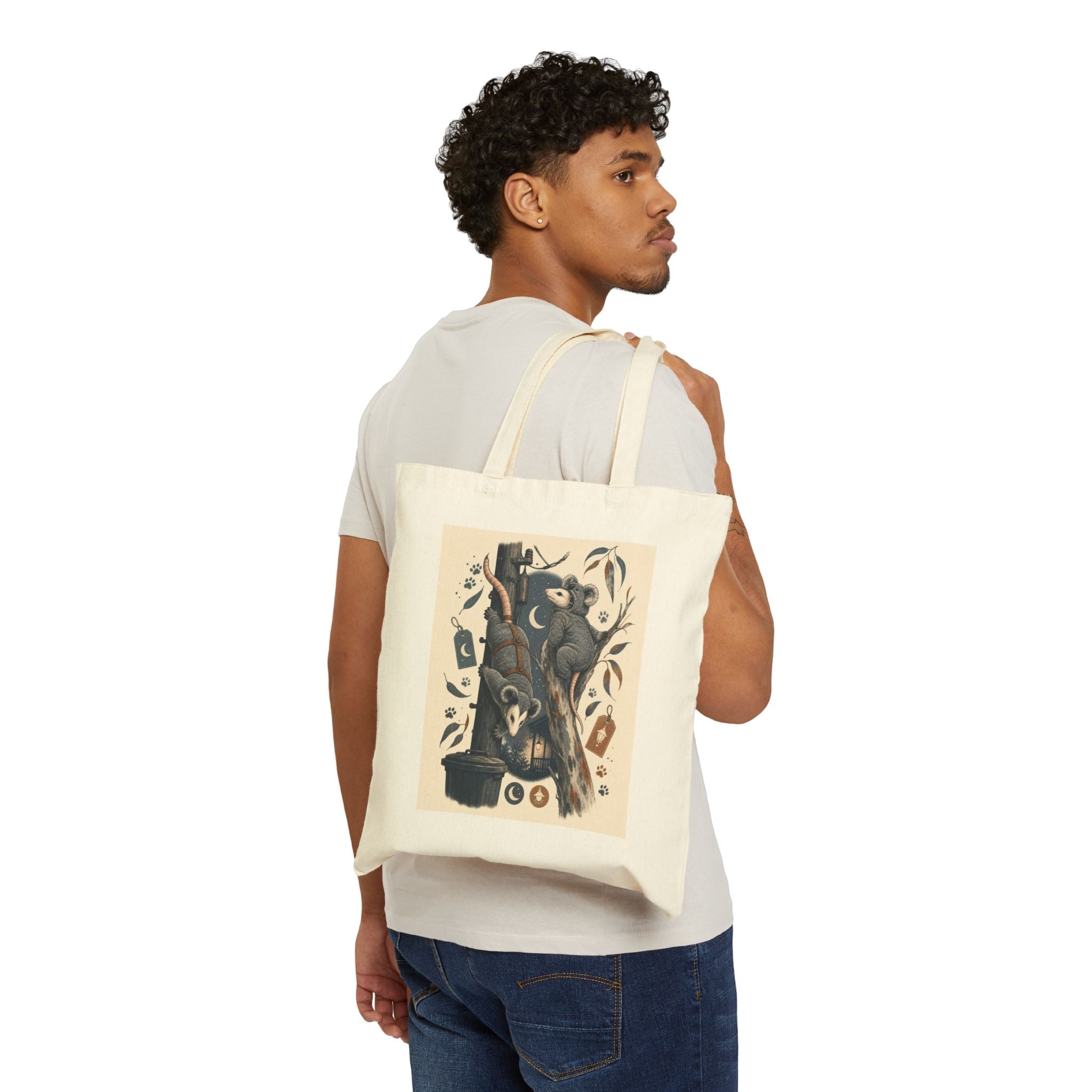 Carry On Playing Dead tote design detail: opossum mid-performance, koala asleep