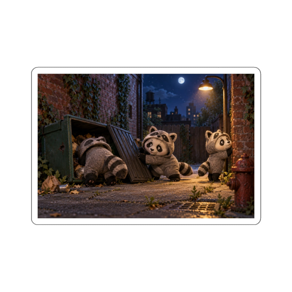 Die-cut weatherproof vinyl sticker of three pandas in raccoon costumes exploring the city at night, Wrong Habitat