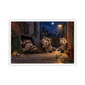Die-cut weatherproof vinyl sticker of three pandas in raccoon costumes exploring the city at night, Wrong Habitat