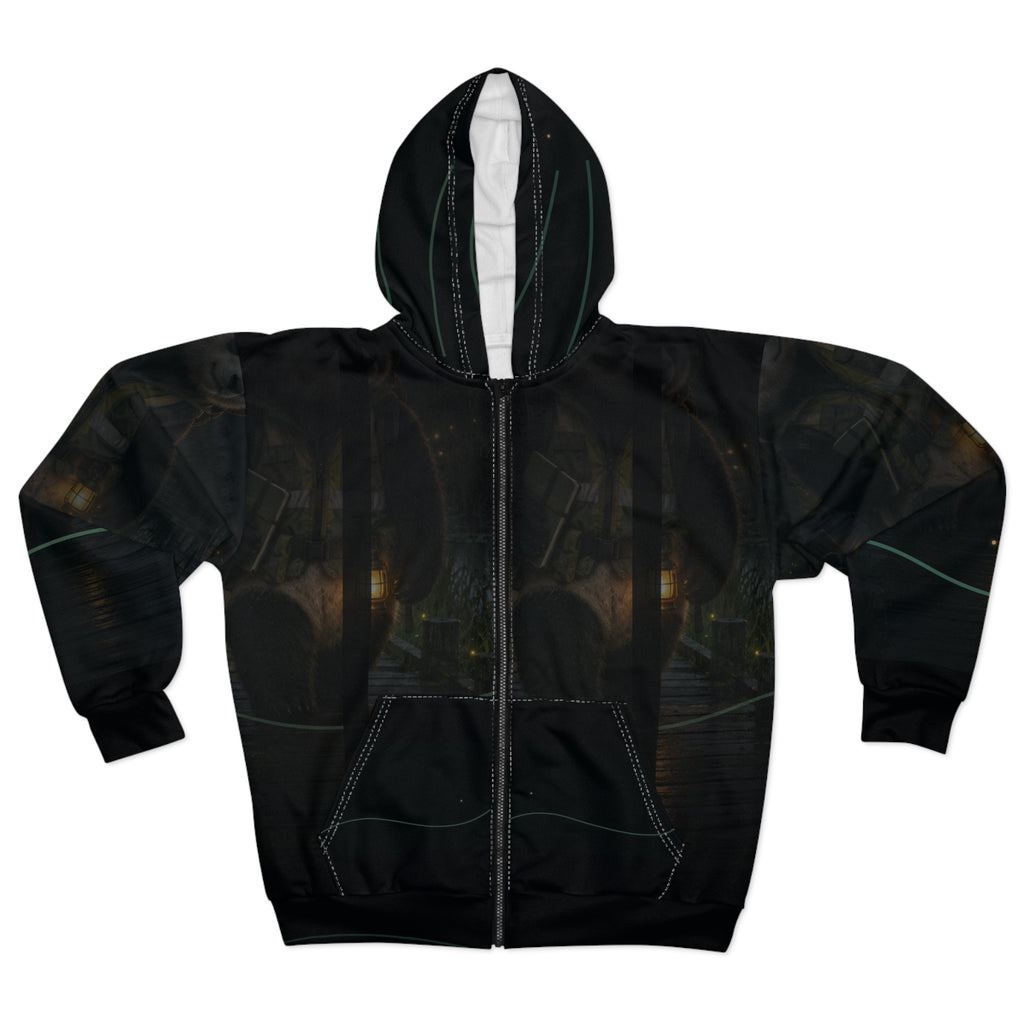 Front view of the Boardwalk by Lantern zip hoodie, with a panda carrying a lantern along a marsh boardwalk at dusk.