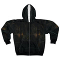 Front view of the Boardwalk by Lantern zip hoodie, with a panda carrying a lantern along a marsh boardwalk at dusk.