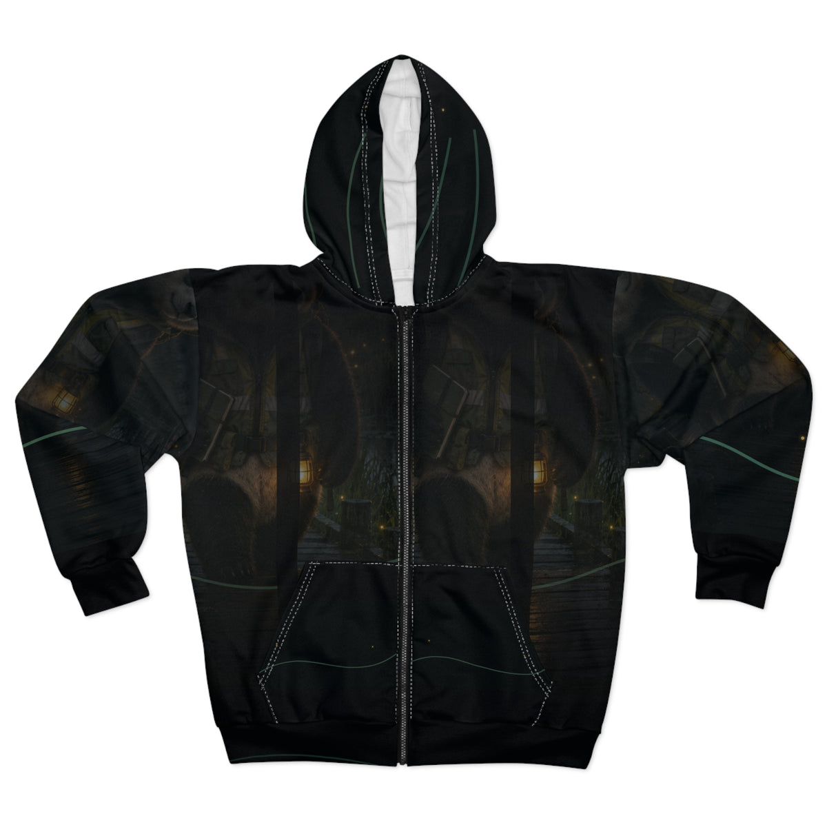 Front view of the Boardwalk by Lantern zip hoodie, with a panda carrying a lantern along a marsh boardwalk at dusk.